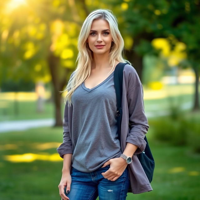 A full-length portrait of a 35-year-old woman with light blonde hair and European features