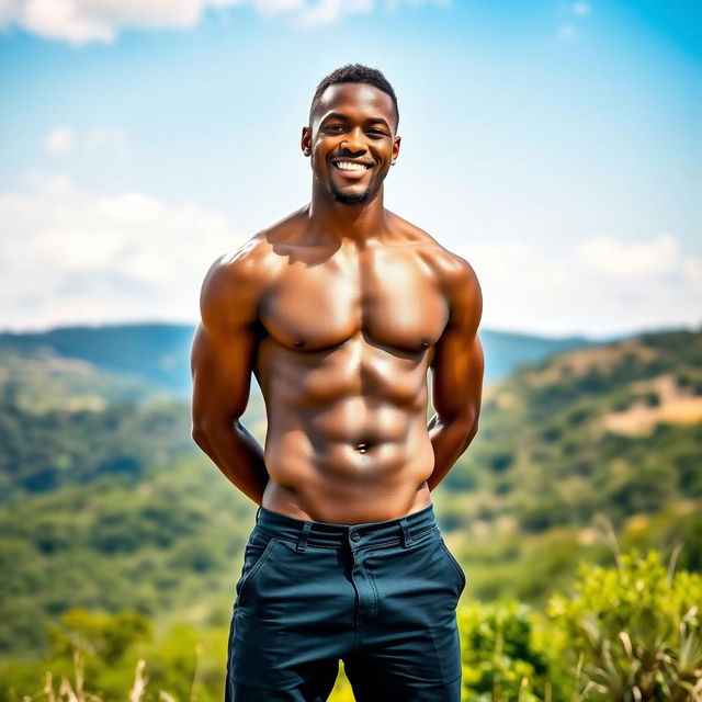 A full-body portrait of a tall, athletic African man, standing confidently and proudly in a natural setting