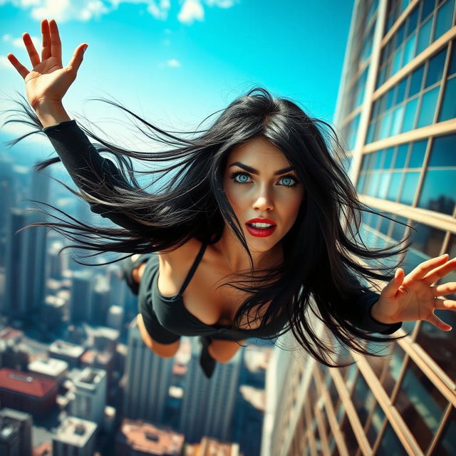 A beautiful black-haired woman with striking blue eyes and vibrant red lips is depicted in a dramatic scene as she falls from a skyscraper