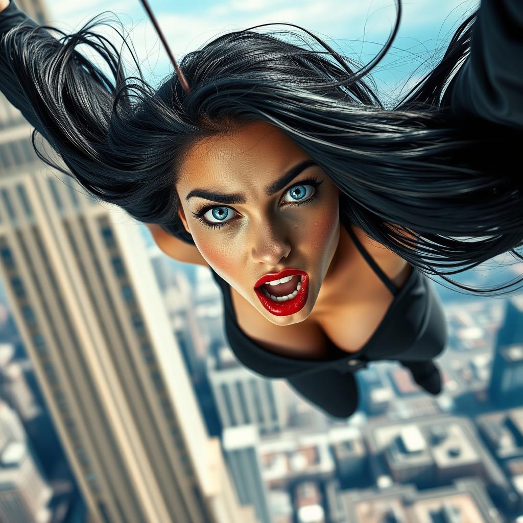 A beautiful black-haired woman with striking blue eyes and vibrant red lips is depicted in a dramatic scene as she falls from a skyscraper