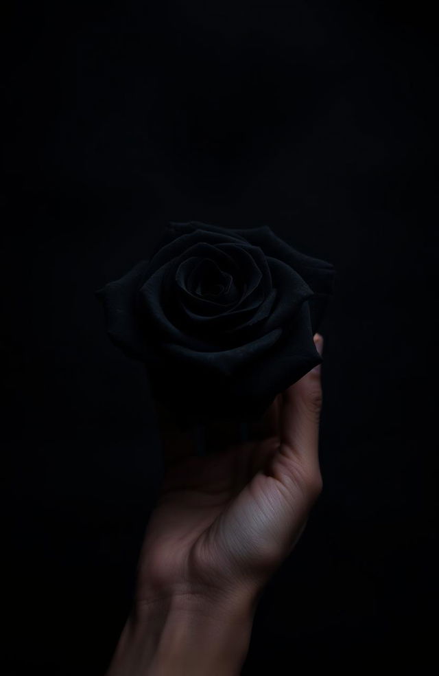 A dark-themed image featuring a black rose delicately held by a human hand