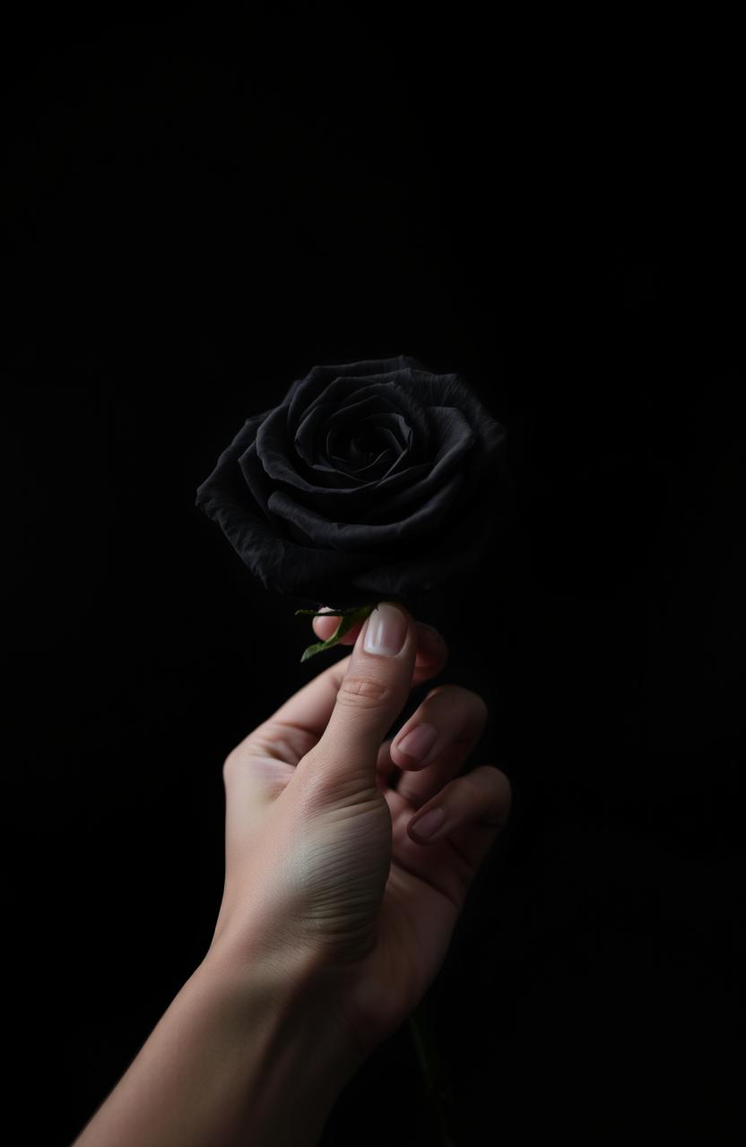 A dark-themed image featuring a black rose delicately held by a human hand