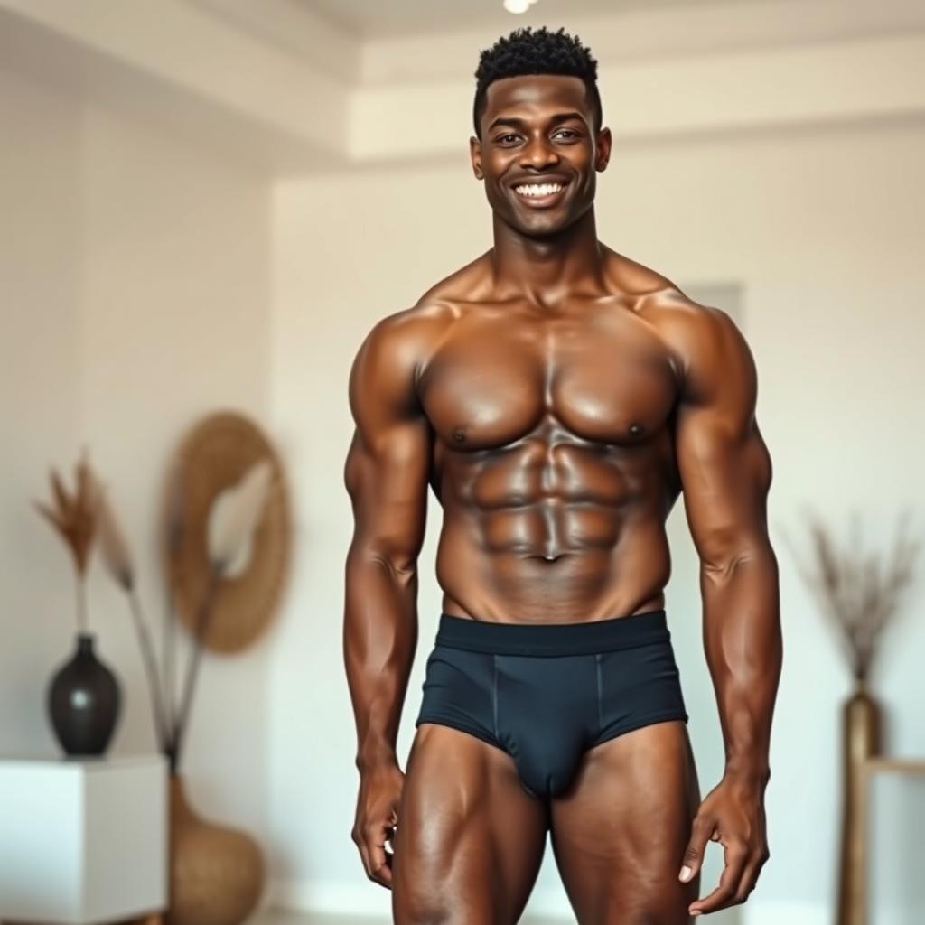 A full-body portrait of a tall, muscular African man, wearing stylish, fitted underwear, standing confidently