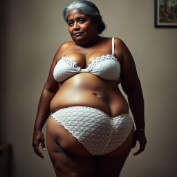 A dusky, mature Indian woman, 55 years old, characterized by her buxom and voluptuous figure
