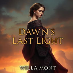 A fantasy book cover for 'Dawn's Last Light' by Willa Mont, featuring a sad, elegant woman in royal attire