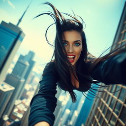 A stunning, beautiful black-haired woman with striking blue eyes and vibrant red lips falling from a skyscraper