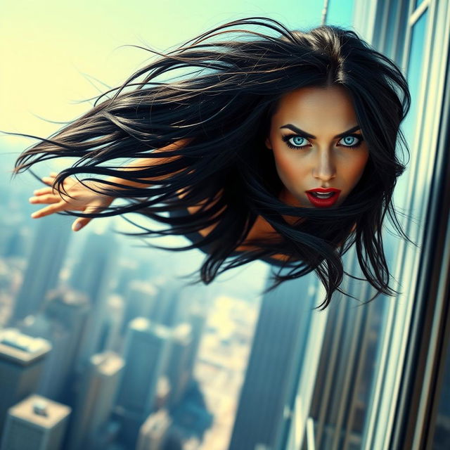 A stunning, beautiful black-haired woman with striking blue eyes and vibrant red lips falling from a skyscraper