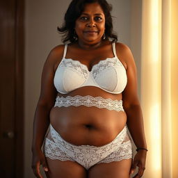 A dusky, mature Indian woman, 55 years old, characterized by her buxom and voluptuous figure