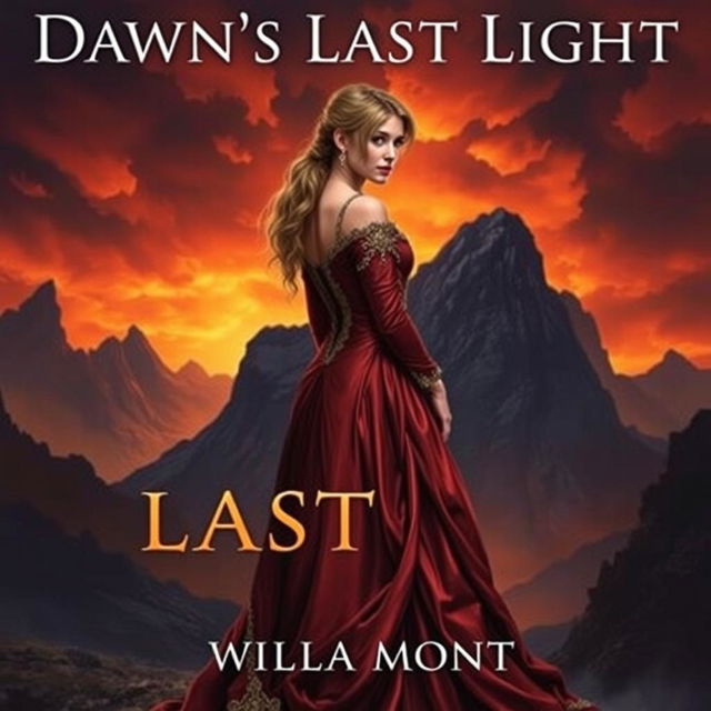 A fantasy book cover for 'Dawn's Last Light' by Willa Mont, featuring a sad, elegant woman in royal attire