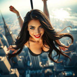 A beautiful black-haired woman with striking blue eyes and luscious red lips, elegantly falling from a skyscraper