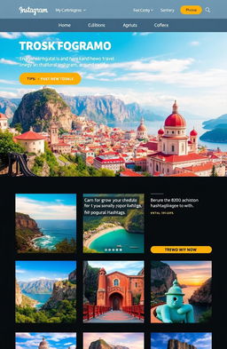 A visually appealing Instagram theme page dedicated to showcasing vibrant travel destinations around the world, featuring stunning landscapes, colorful cityscapes, and picturesque natural wonders