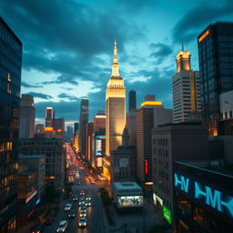 A stunning cityscape captured in a cinematic shot featuring dynamic lighting that highlights the fine details of the architecture