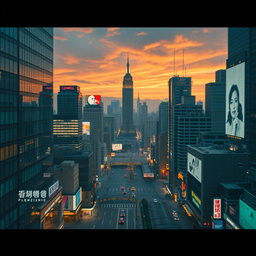 A stunning cityscape captured in a cinematic shot featuring dynamic lighting that highlights the fine details of the architecture