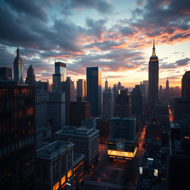 A stunning cityscape captured in a cinematic shot featuring dynamic lighting that highlights the fine details of the architecture