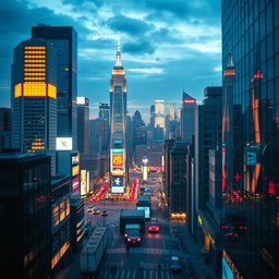 A stunning cityscape captured in a cinematic shot featuring dynamic lighting that highlights the fine details of the architecture