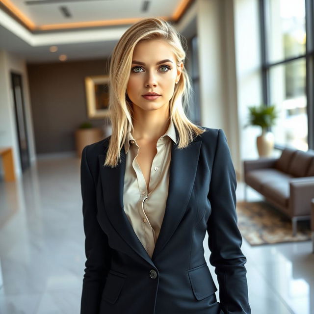 A full-body portrait of a beautiful blonde woman with large green eyes, wearing a stylish business suit with a blouse