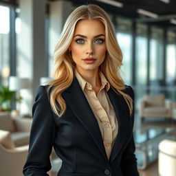 A full-body portrait of a beautiful blonde woman with large green eyes, wearing a stylish business suit with a blouse