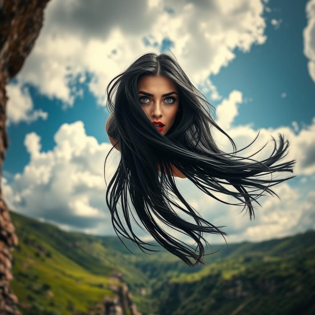 A beautiful black-haired woman with striking blue eyes and bold red lips, depicted falling off a cliff with a scared expression