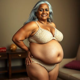 A dusky, mature Indian woman, 55 years old, characterized by her buxom and voluptuous figure