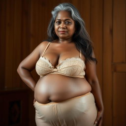 A dusky, mature Indian woman, 55 years old, characterized by her buxom and voluptuous figure
