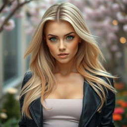 A full-body portrait of a stunning blonde woman with large green eyes