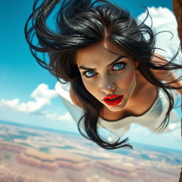 A stunning black-haired woman with striking blue eyes and bold red lips, depicted in a dramatic moment as she falls off a cliff