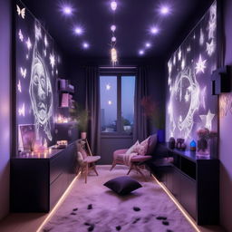 Design a modern, simple room for an 18-year-old, tomboyish yet girly girl with a balcony. Incorporate black, blue, purple, grey, and white lights arranged in moon and star designs. Blend Sanatan Dharma elements with anime and K-Drama themes along with a butterfly mirror wall decor.