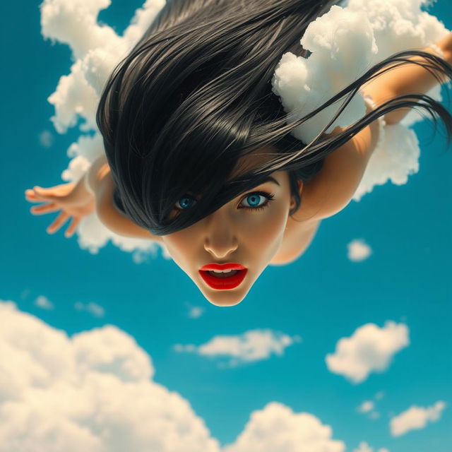 A stunning black-haired woman with bright blue eyes and bold red lips is depicted falling from the sky, her long hair flowing dramatically behind her