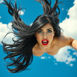 A stunning black-haired woman with bright blue eyes and bold red lips is depicted falling from the sky, her long hair flowing dramatically behind her