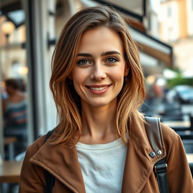 A full-height photograph of a woman aged 30 to 45 years with a natural look, featuring minimal makeup and well-groomed hair