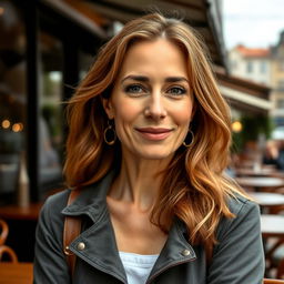 A full-height photograph of a woman aged 30 to 45 years with a natural look, featuring minimal makeup and well-groomed hair