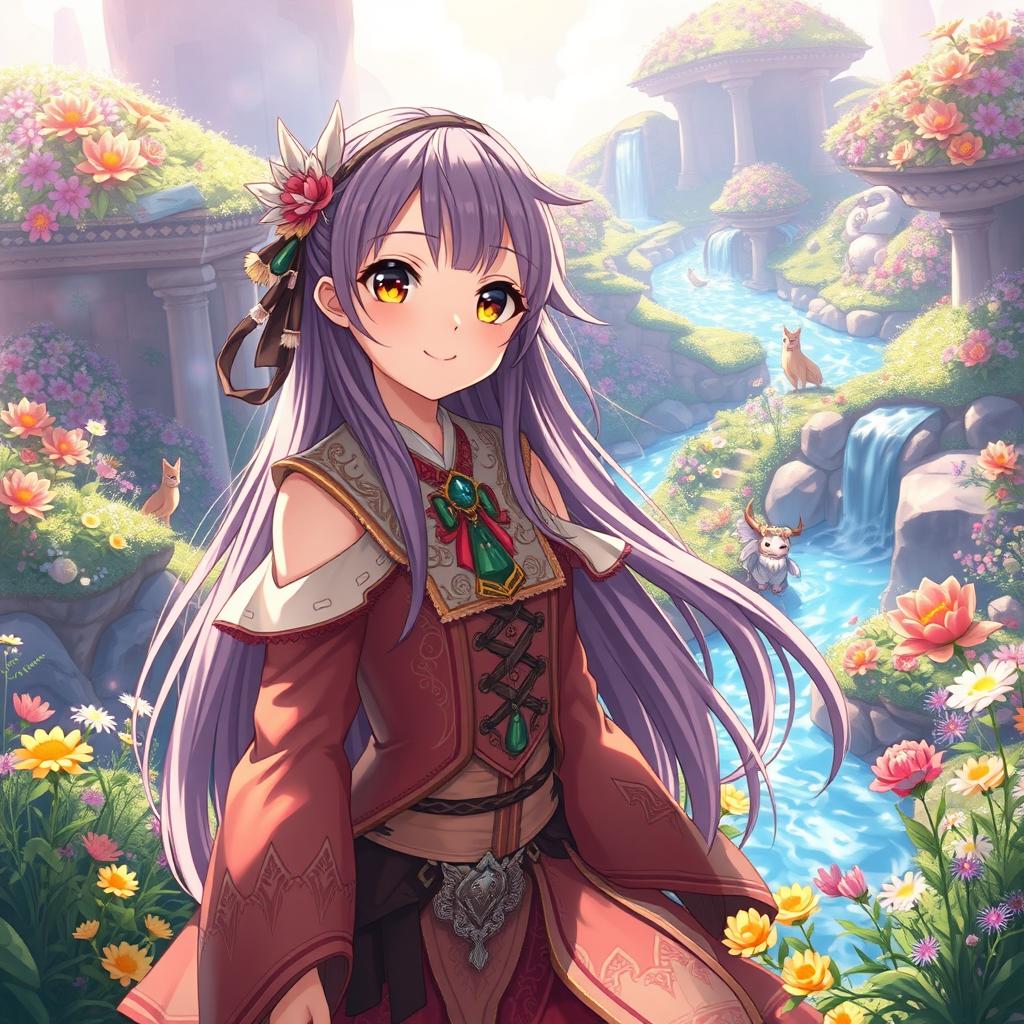 A beautiful anime girl with long flowing hair in a vibrant fantasy landscape