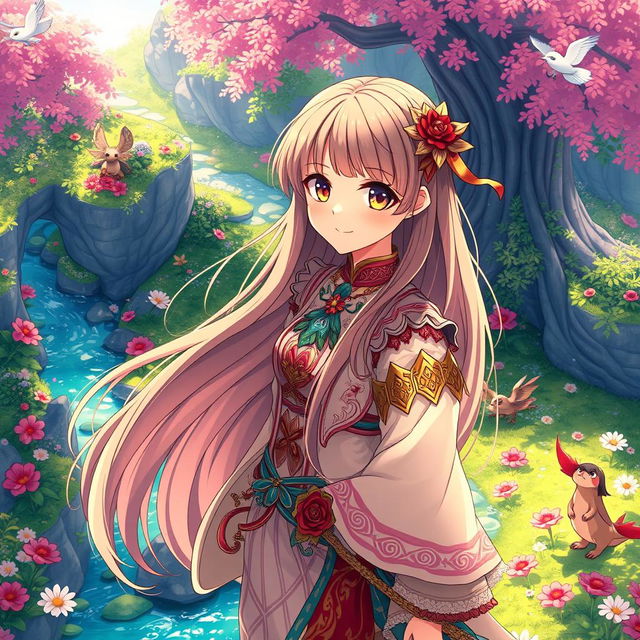 A beautiful anime girl with long flowing hair in a vibrant fantasy landscape