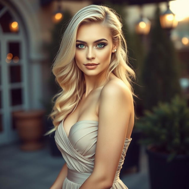 A full-body portrait of a stunning blonde woman with large green eyes and a captivating presence