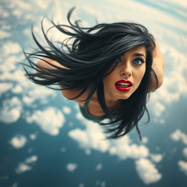 A stunning beautiful black-haired woman with striking blue eyes and vibrant red lips, captured mid-air as she falls from the sky