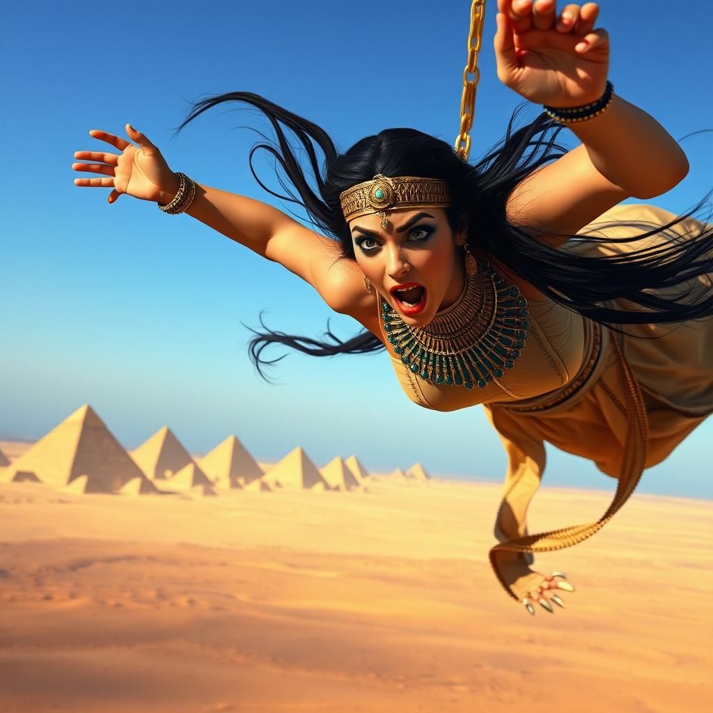 A dramatic scene featuring Cleopatra falling from the sky, her expression filled with fear and surprise