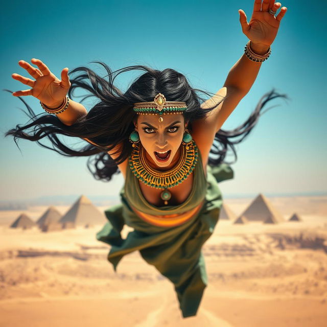 A dramatic scene featuring Cleopatra falling from the sky, her expression filled with fear and surprise