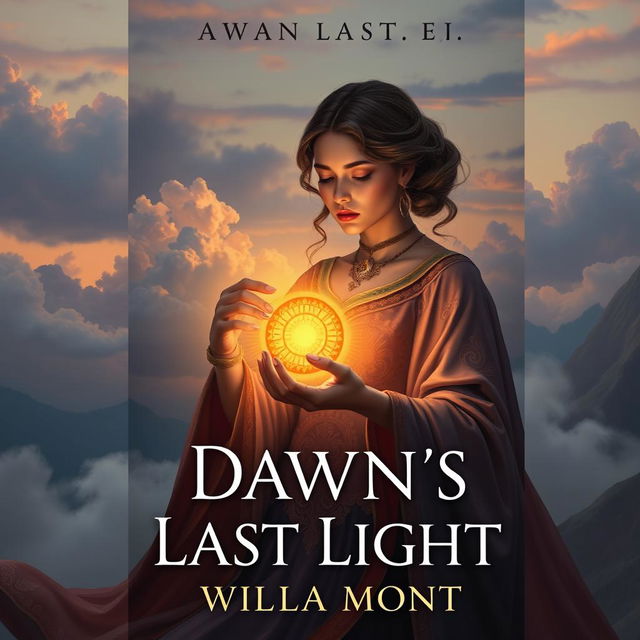 A fantasy book cover for 'Dawn's Last Light' by Willa Mont, featuring a sad, elegant woman holding a radiant sun gently in her hands