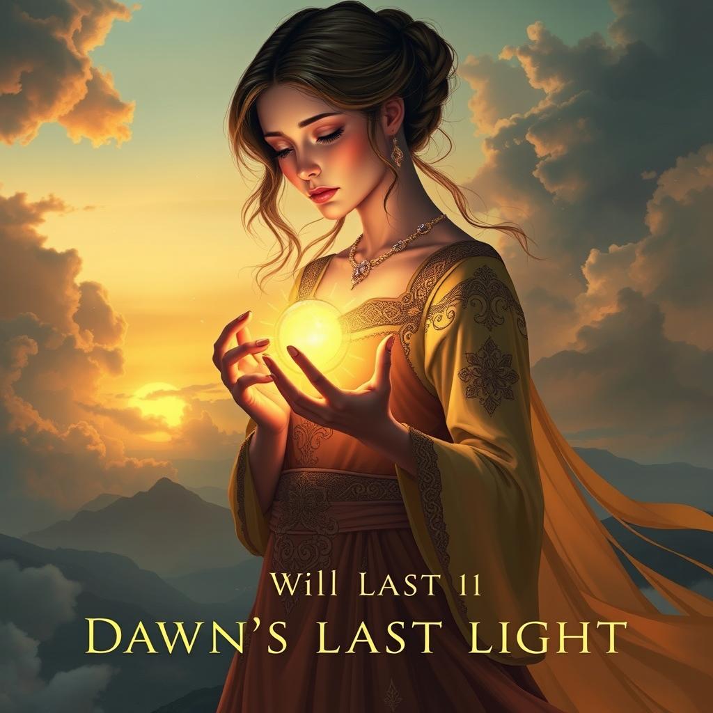 A fantasy book cover for 'Dawn's Last Light' by Willa Mont, featuring a sad, elegant woman holding a radiant sun gently in her hands