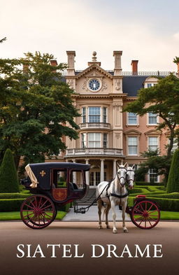 A captivating book cover for a period drama featuring a horse-drawn carriage parked in front of an opulent grand stately home