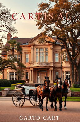 A captivating book cover for a period drama featuring a horse-drawn carriage parked in front of an opulent grand stately home