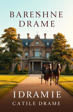 A captivating book cover for a period drama featuring a horse-drawn carriage parked in front of an opulent grand stately home
