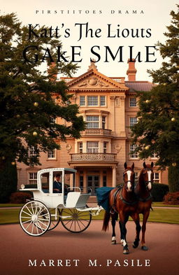 A captivating book cover for a period drama featuring a horse-drawn carriage parked in front of an opulent grand stately home