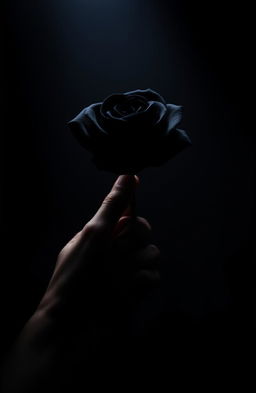 A dark-themed composition featuring a human hand delicately holding a black rose, symbolizing mystery and elegance