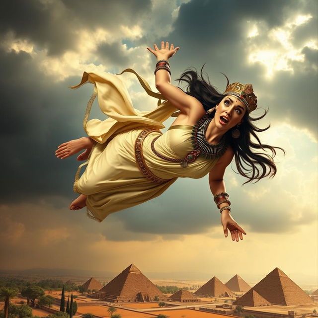 An artistic depiction of Cleopatra falling from the sky, her expression showing fear and surprise