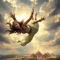 An artistic depiction of Cleopatra falling from the sky, her expression showing fear and surprise