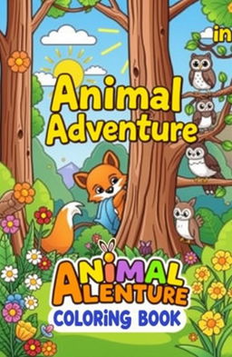 A vibrant and engaging coloring book cover featuring a variety of adorable animals in a whimsical forest setting