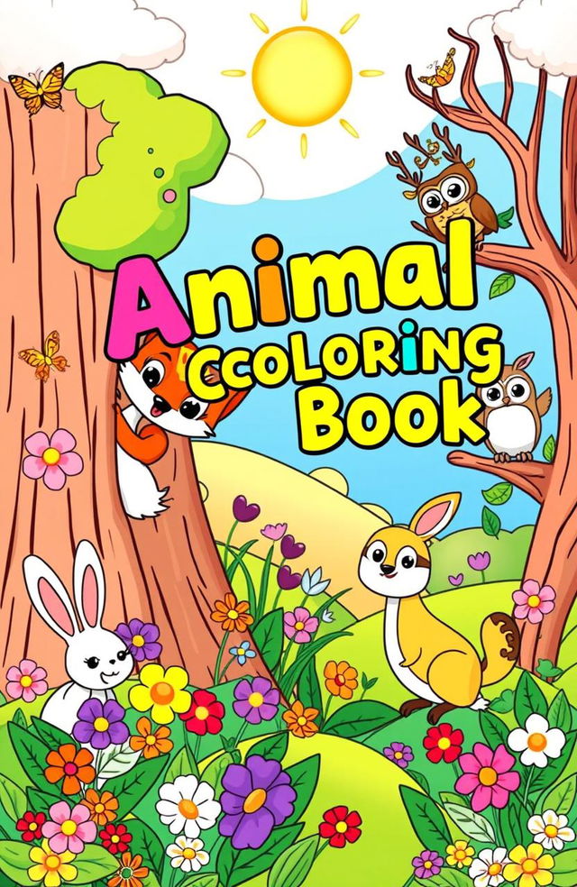 A vibrant and engaging coloring book cover featuring a variety of adorable animals in a whimsical forest setting