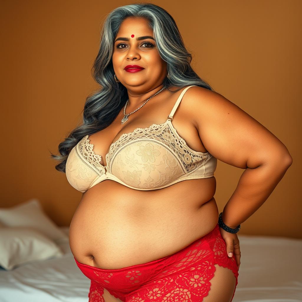 A mature Indian woman, 55 years old, characterized by her buxom and voluptuous figure