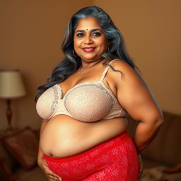 A mature Indian woman, 55 years old, characterized by her buxom and voluptuous figure